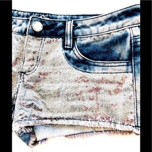 Silver Metallic sequin/frayed denim Super low rise short short byalmost famous 7